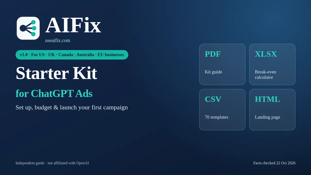 AIFix Starter Kit for ChatGPT Ads: PDF, XLSX, CSV and HTML files, for the US, UK, Canada, Australia and EU