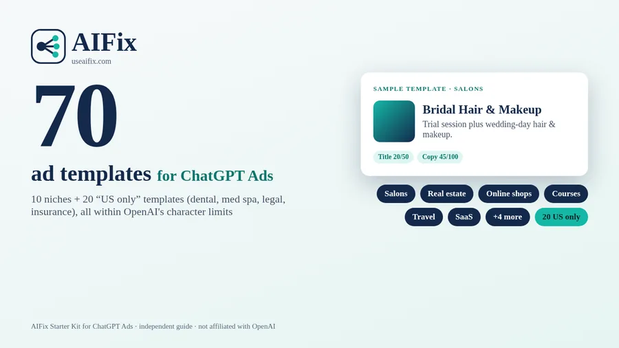Preview of the 70 ad templates, including a bridal hair and makeup example ad and niche tags